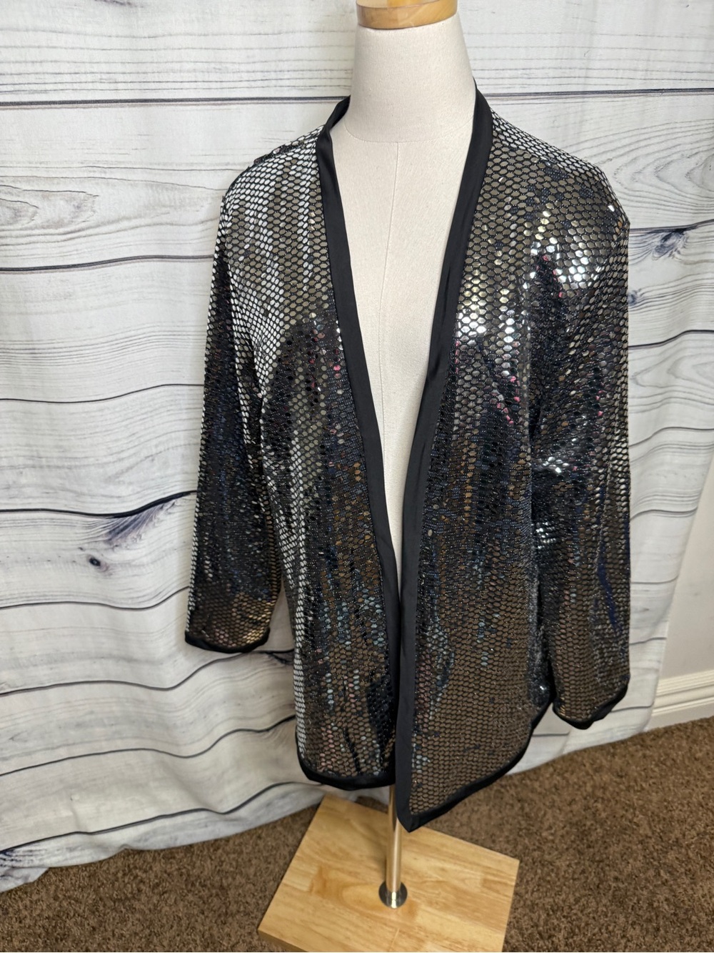 Plus Size Black Sequin Open Cardigan